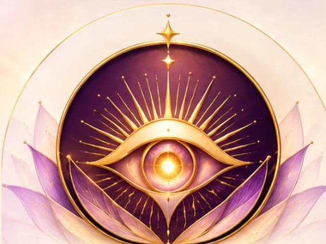 Símbolo dourado de um olho aberto entre pétalas violetas