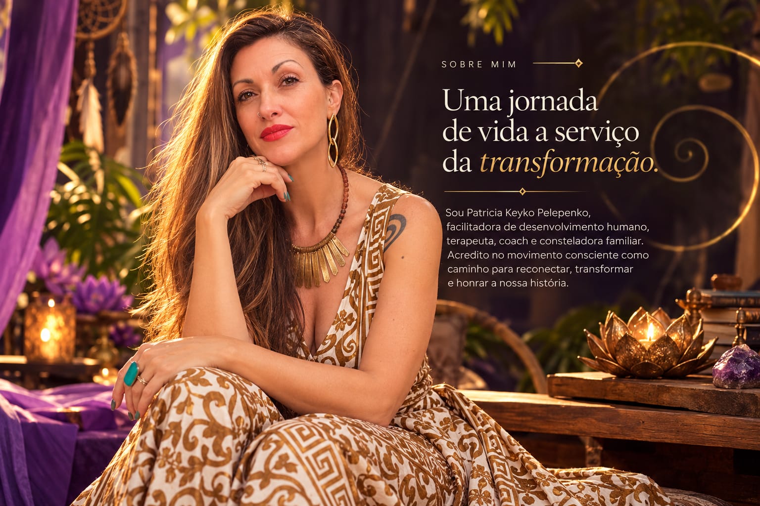 Patricia Keyko Pelepenko em um ambiente de natureza e espiritualidade, com a mensagem: uma jornada de vida a serviço da transformação